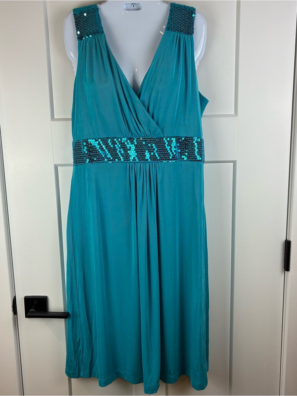 Slinky Brand Sleeveless Teal V-Neck Midi Dress Sequin Waistband Size Large d